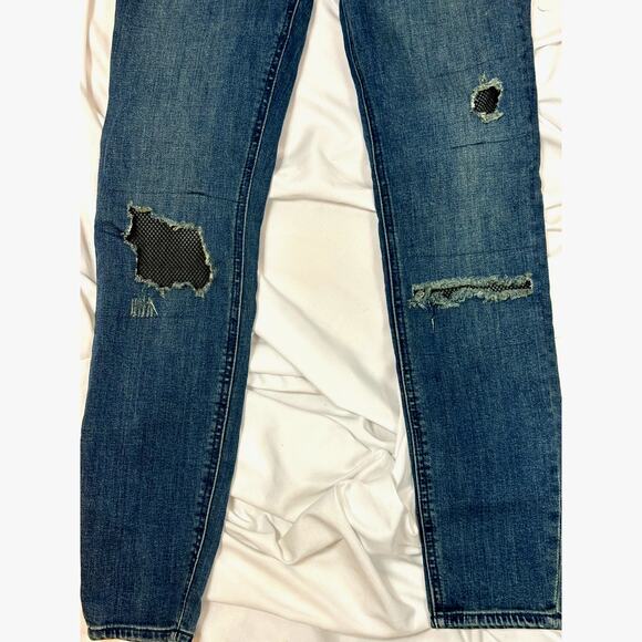 Free People Distressed Fishnet-Inlet Skinny Jeans Tupelo Blue 25 - Picture 12 of 16